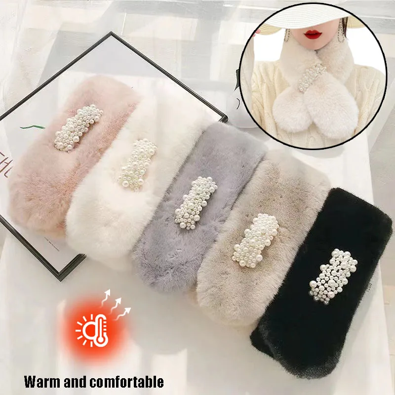 Plush Faux Rabbit Fur Scarf with Pearl Accent -Warm and Comfortable Elegant & Chic Winter Accessory for Women and Students