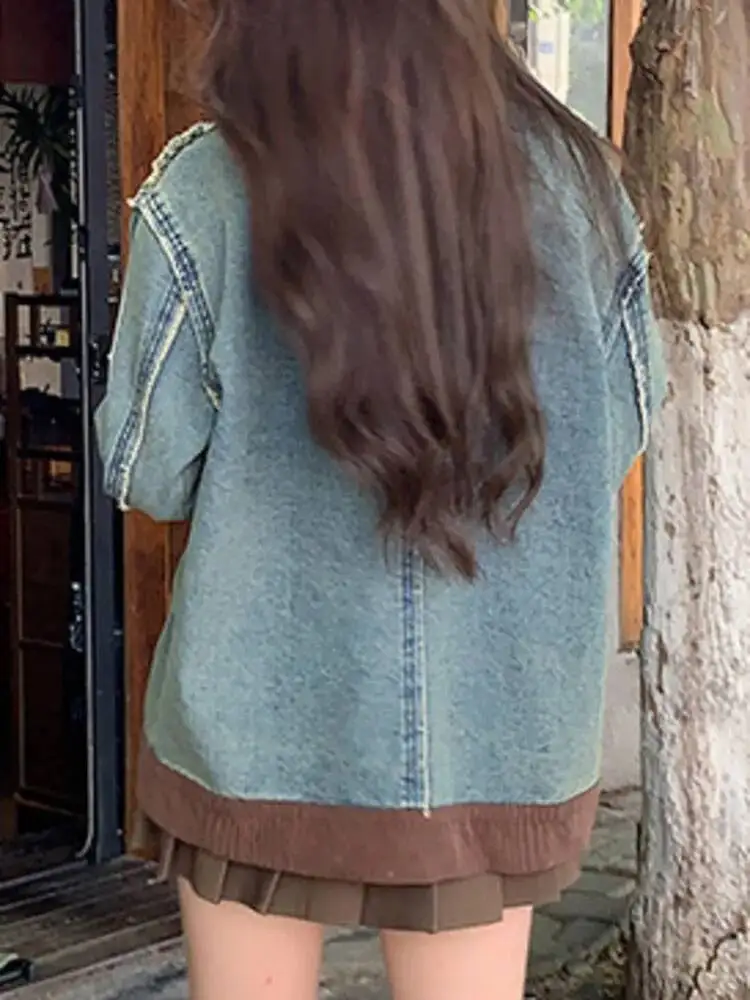 TLXT Moda Donna Elegante Giacca di jeans Velluto a coste marrone Risvolto Dettagli sfilacciati Giacca casual unica 2025 Autunno Nuovo XK1631