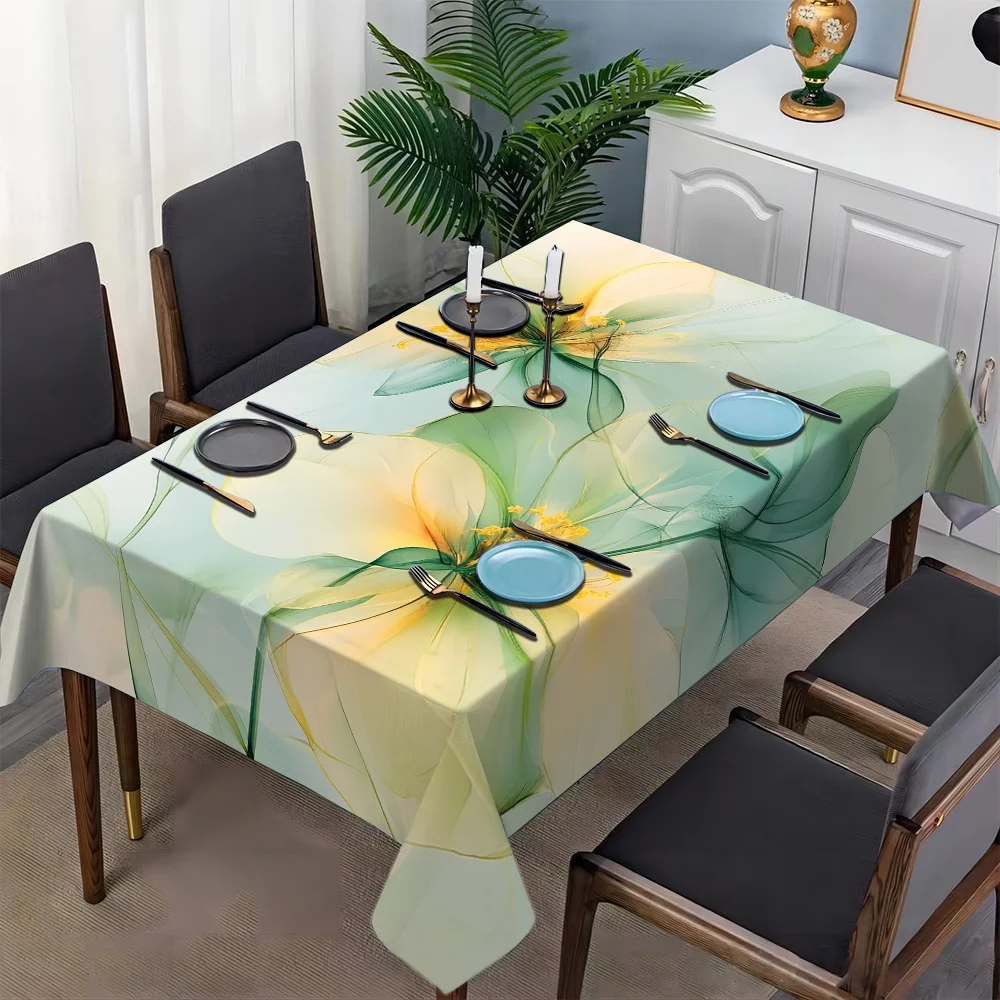 One elegant floral printed tablecloth - a gradient design from light blue to green, featuring yellow flowers