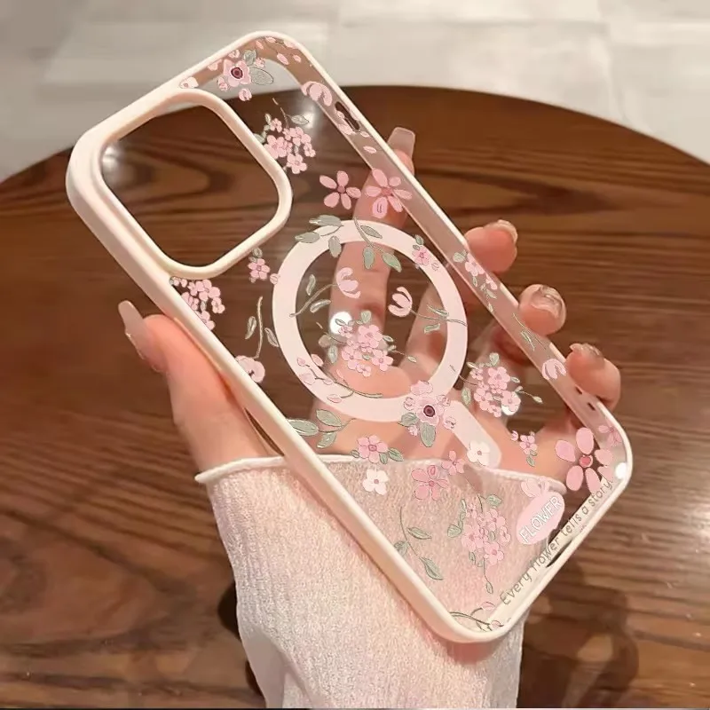 Coque transparente à fleurs roses pour iPhone 17 16 16E 15 14 13 11 12 Pro Max Plus, Charge magnétique sans fil Magsafe