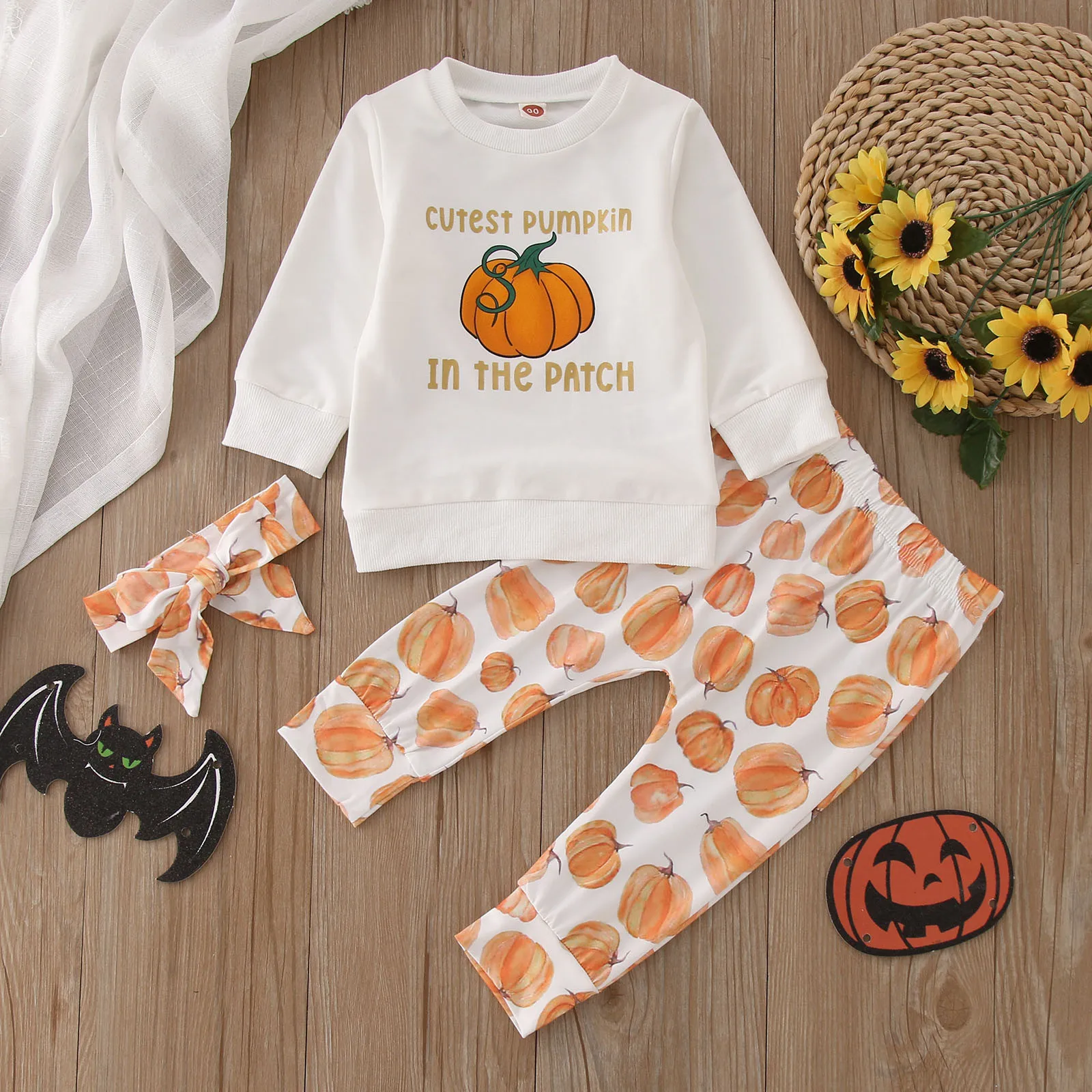 

2024 Newborn Infant Baby Girls Spring Summer Print Pumpkin Halloween Long Sleeve Hoodie Sweatshirt Outfits Headbands Clothes