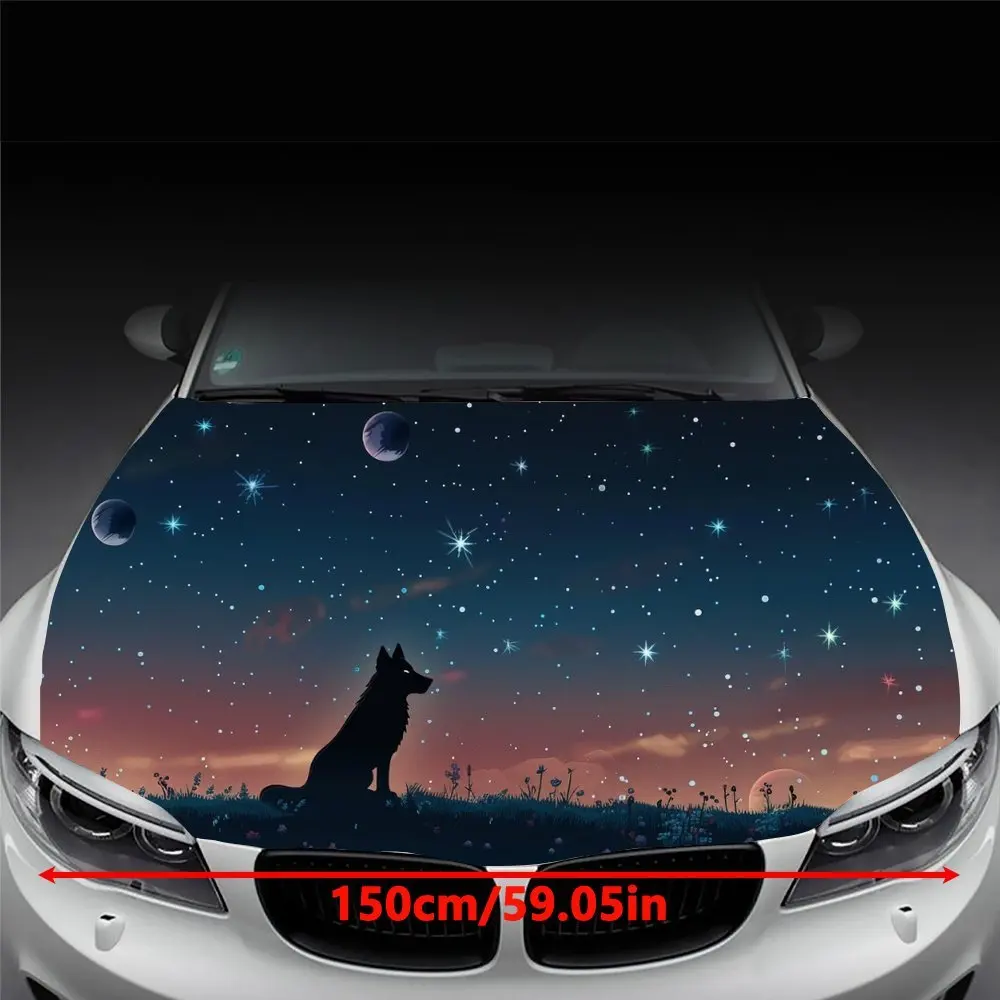 Wolf Sitting Under Starry Planet Car Hood Wrap Color Vinyl Sticker Truck Graphic Bonnet Auto Accessories Decoration Decal Gift