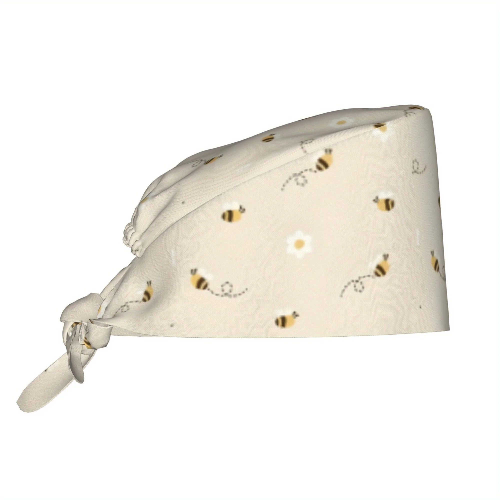 1pc Women'S Stylish Floral & Bee Print Work Cap - Lightweight, Adjustable Tie-Back Nurse Hat, Dustproof Chef & Cooking Cap, Comf