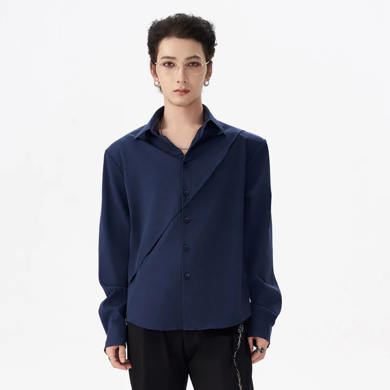 WVGA Spring Autumn New Men Irregular Patchwork Design Trendy Long Sleeve Shirt Niche Chic Casual Padded Shoulder Tops Ins W26405