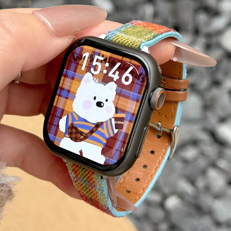 Retro Grid Pattern Flannel Leather For Apple Watch 49MM 46 45 44MM 42 41 40 38MM Autumn Bracelet For Iwatch Series 10 9 8 7 6 5