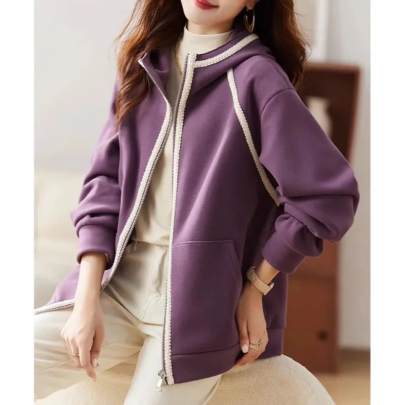 ผู้หญิงยุโรปแฟชั่นสั้นหลวม Lady Leisure Hooded Outwear ฤดูใบไม้ผลิฤดูใบไม้ร่วงหญิง Splicing Together เสื้อแขนยาว