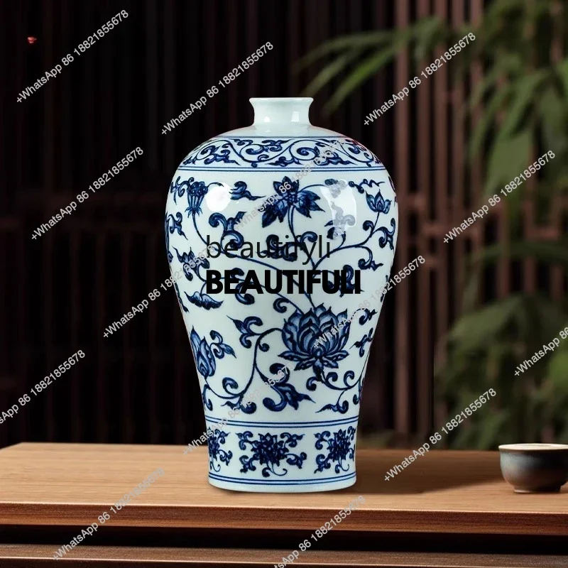 ss8350 Ceramic vase ornament living room flower arrangement blue and white porcelain tangled lotus plum vase ornament
