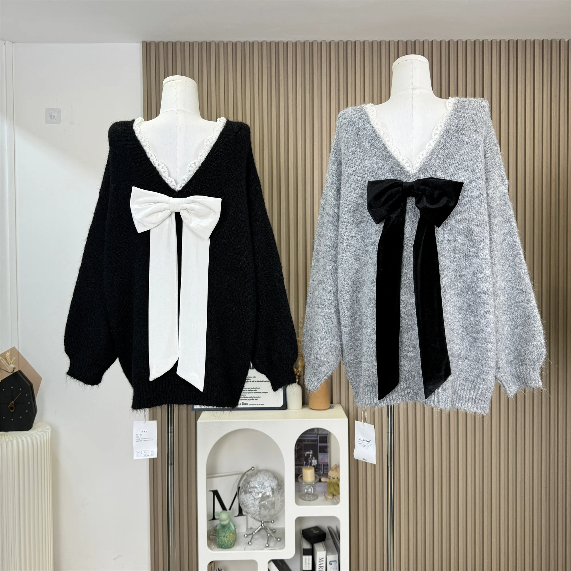 

Осень-зима, элегантные милые вязаные пуловеры с v-образным вырезом и длинными рукавами и бантом, женские шикарные женские свободные лоскутные свитера, топы F276