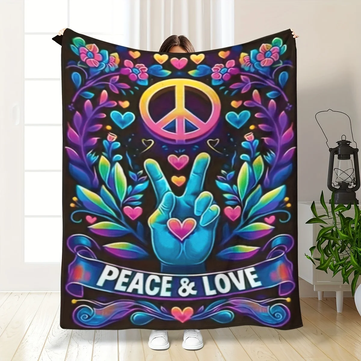 Contemporary Peace And Love Posture Printed Thick Knitted Blanket Anti Stain, Low Allergy, Four Seasons Polyester Machine