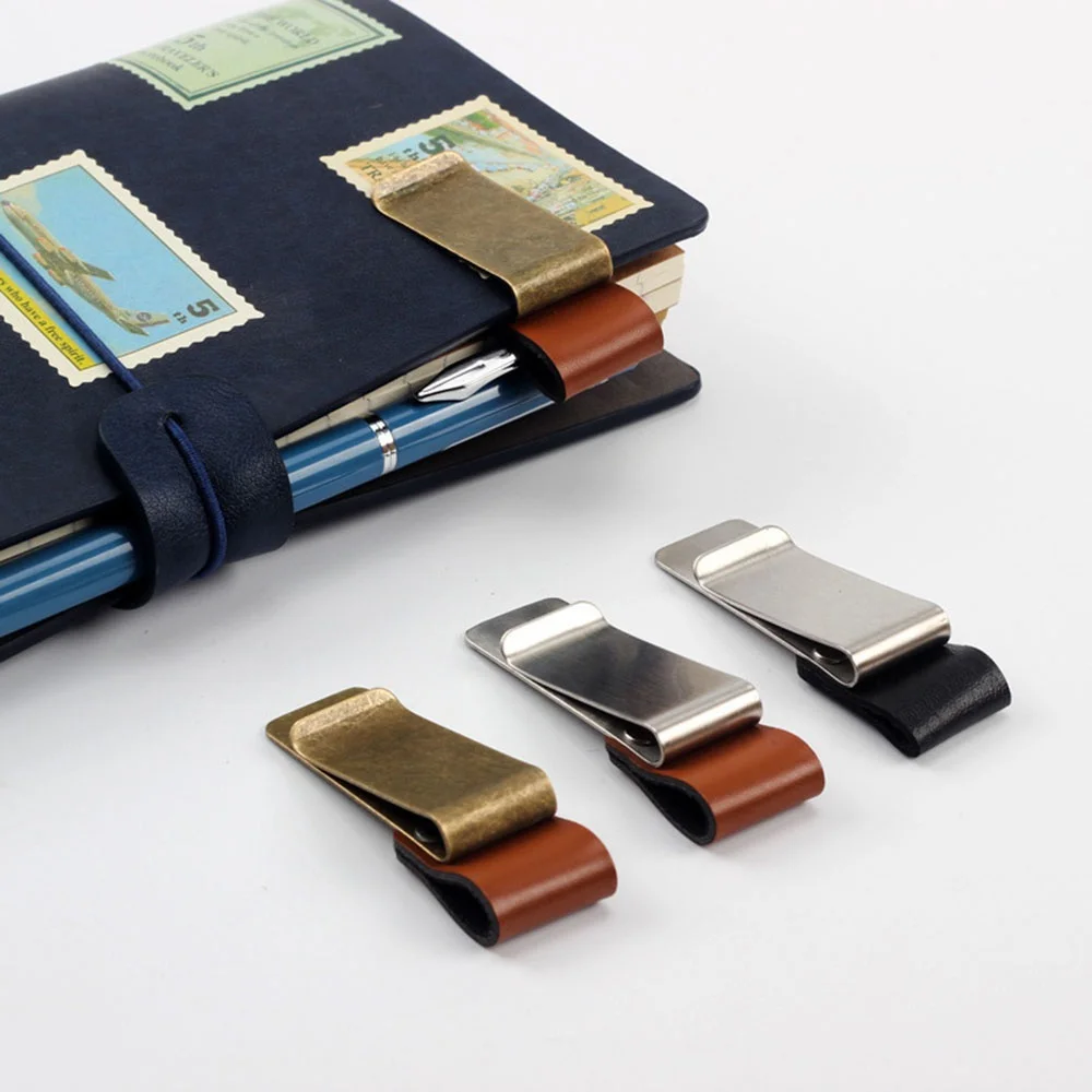 Stainless Steel Leather Pen Holder Notebook Bookmark Practical Organizer Clip Pen Holder Pen Clip Office Stationary Convenient