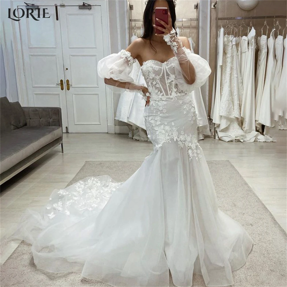 

LORIE Lace Mermaid Wedding Dresses Puff Sleeves Off Shoulder Sweetheart Bodycon Bridal Gowns Backless Puffy Skirt Bride Dress