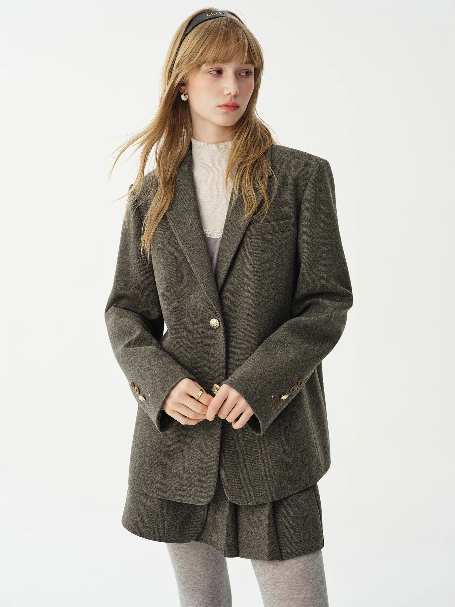 FSLE 2026 New Arrival Women Wool Blend Herringbone Blazer Coat Skirt Vintage Green Suit Set 2 Pieces Outfit Minimalism Style