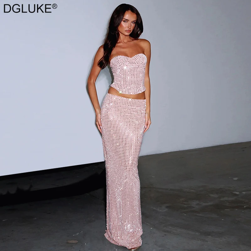 

DGLUKE Elegant 2-Piece Sets For Women Corset Top And Long Skirt Sets Pink Sequin Party Festival Outfits Summer 2025