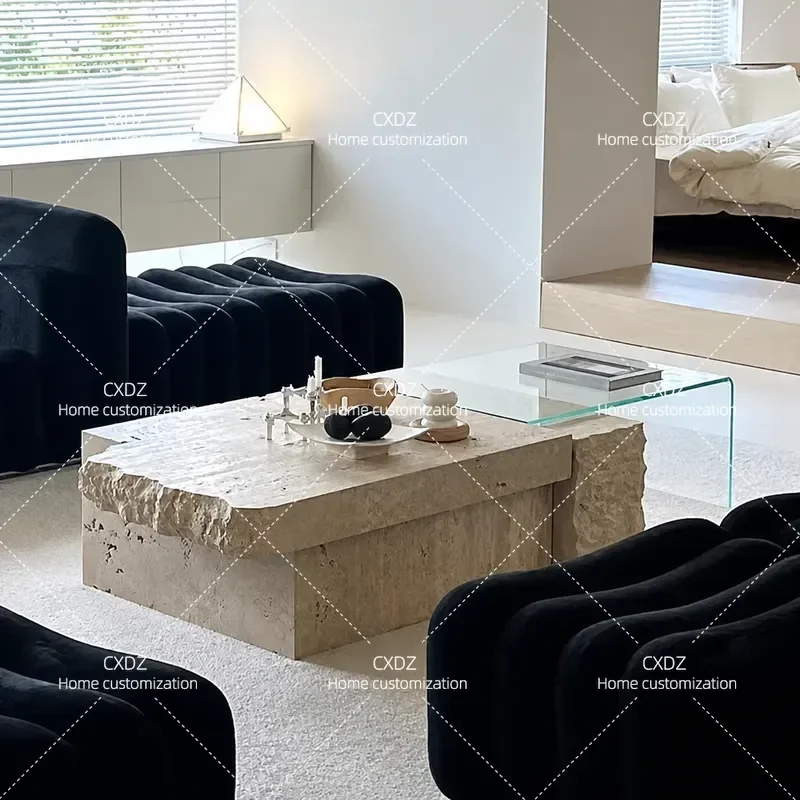 Natural Marble Coffee Table Wabi Sabi Style Medieval Travertine Square Center Table Simple Retro Art Glass Tea Table
