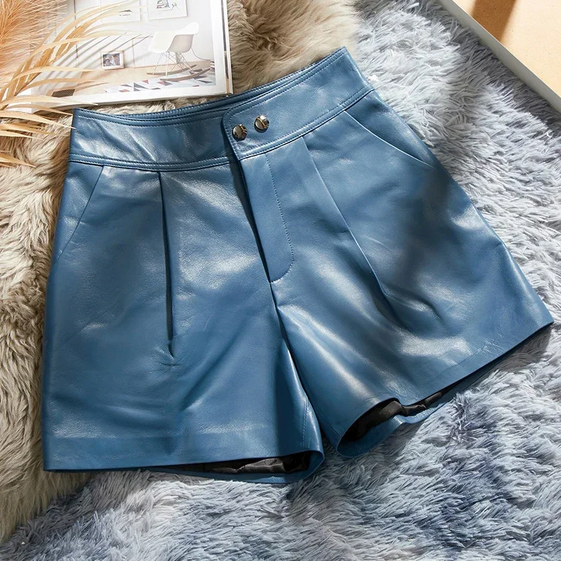 Genuine Leather Shorts for Women 2024 New Fashion Sheepskin Leather Pants for Women High Waist Wide Leg Short Short De Mujer SGG
