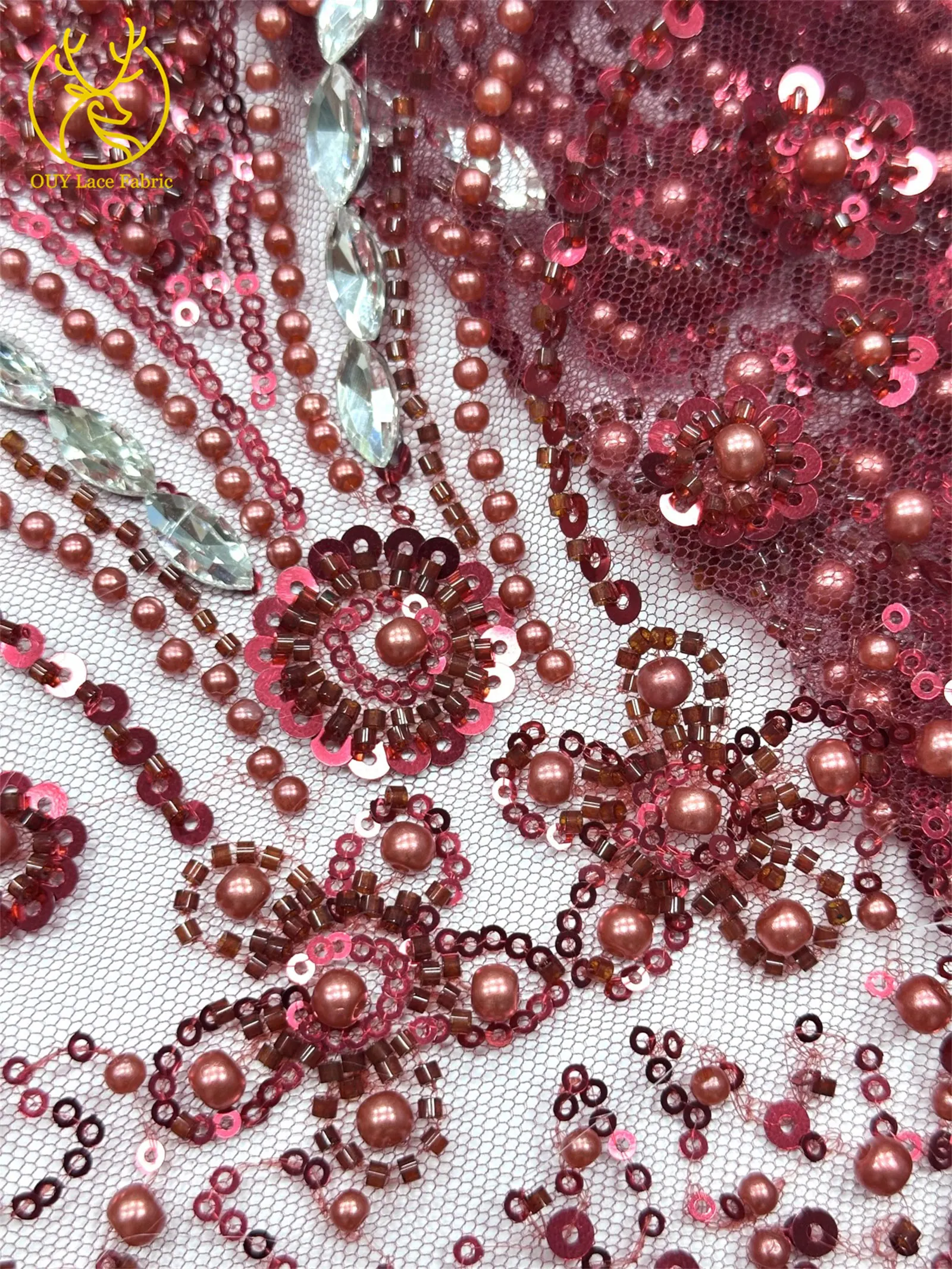 Luxuriöser königlicher lila afrikanischer handgefertigter Perlen-Spitzenstoff, französischer Pailletten-Stein-Tüll-Spitzenstoff für Hochzeitskleid-Design – Detail 39