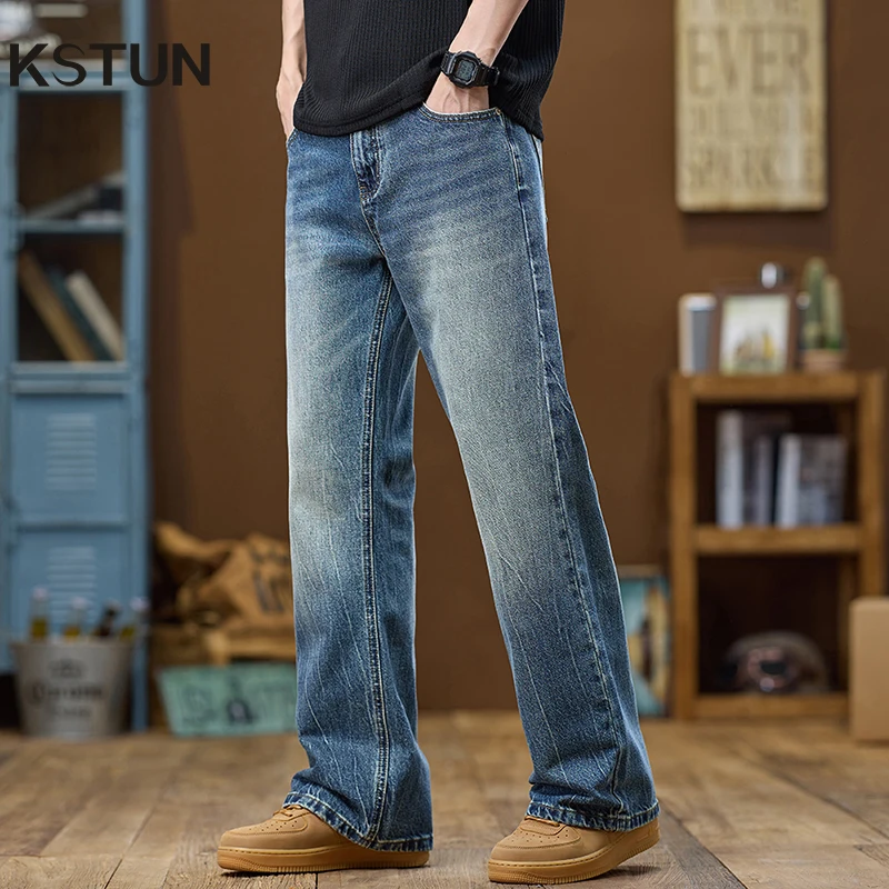 KSTUN Flared Jeans Men Bootcut Denim Pants Streetwear Blue American Style Men's Trousers Full Length Bell-bottom Jeans Male