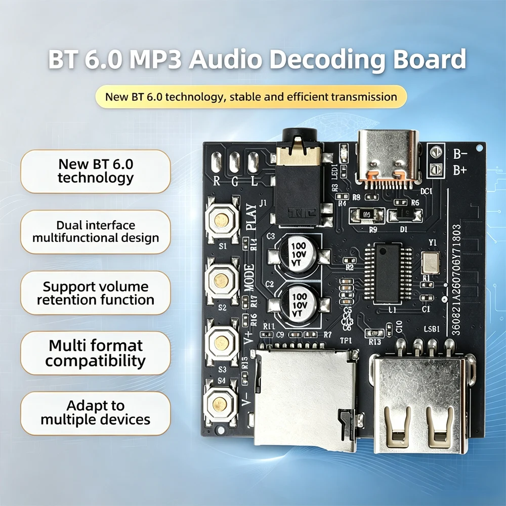 Bluetooth 6.0 Audio Receiver Module DC5V Type-C USB-A TF Card Playback Power-off Memory Earphone External Amplifier Audio Board