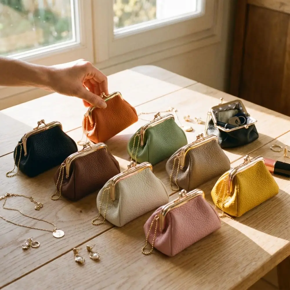 Jewelry Bag Mini Coin Purse With Keychain Cow Leather Kiss Lock Leather Wallet Multifunctional Polka Dot Small Item Bag Girls