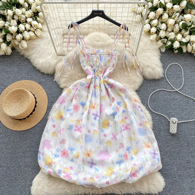 

White Elegant Floral One-Piece Dress For Summer Women Girl Beach Backless Bubble Skirt Waist-Controlled Sleeveless Clothes New