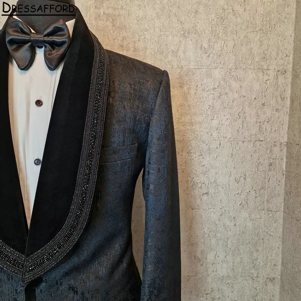 Black Beading Pearls Men Suits Two Pieces Jacquard Weave Evening Party Blazer Groom Wear ( Jacket + Pants )