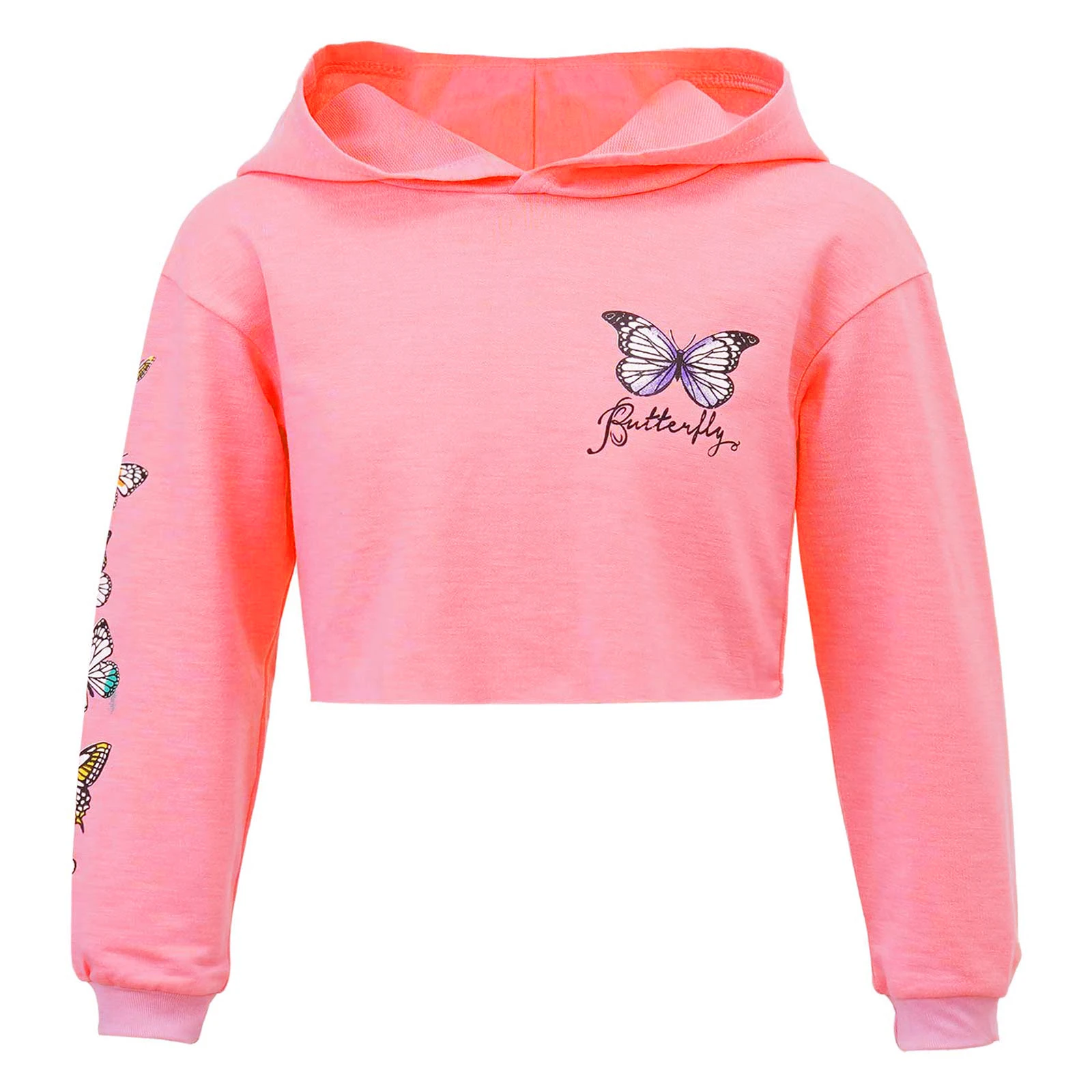 Esporte hoodies crianças meninas esportes moletom crianças mangas compridas borboleta impressão recortada com capuz camisolas topos para fitness ginásio