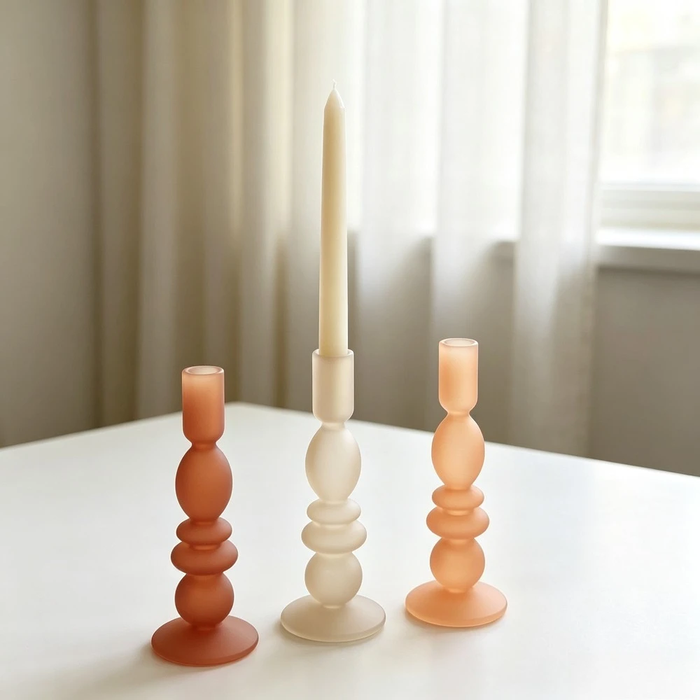 Vintage Matte Glass Taper Candlestick Holder Multi‑Layer Bead Design Decorative Candle Stand Dining Room Party Home Ornament