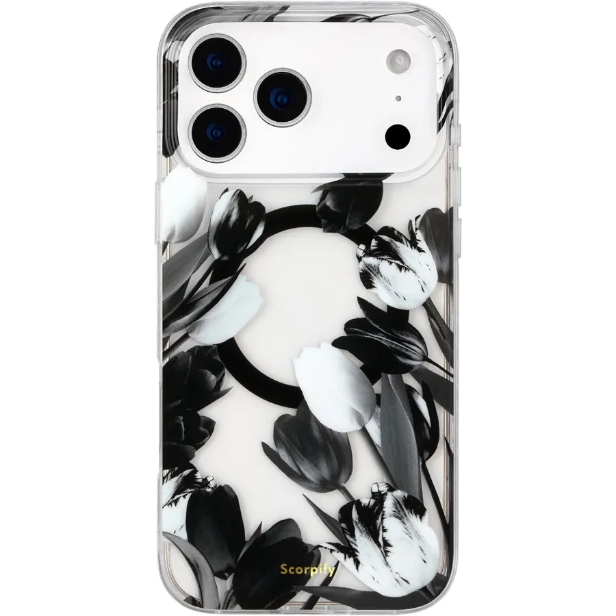 

For iPhone 17 Pro Case with Black Tulip Floral Design for Women Girls Compatible with MagSafe Clear Flower Magnetic