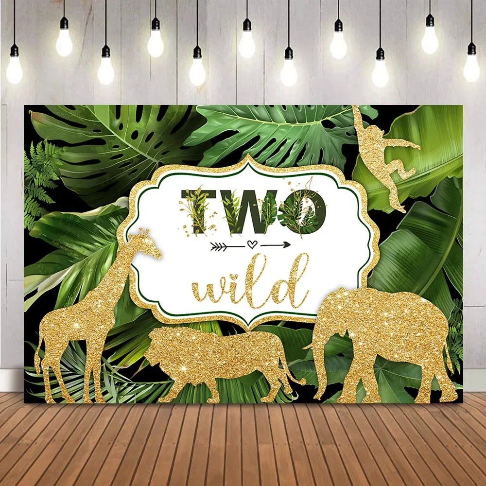 Two Wild Birthday Background Green Leaves 2nd Birthday Party Decoration Supplies Gold Glitter Animals Newborn Kids Theme Banner