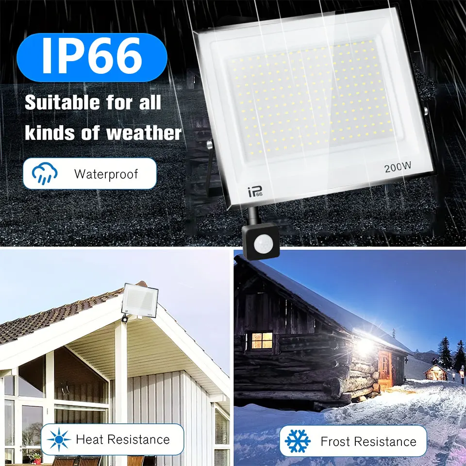 IP66モーションセンサー付き防水LEDランプ,屋外プロジェクター,IP65防水,AC 85-265v,20w,30w,50w,70w,100w,150w,200w、300w