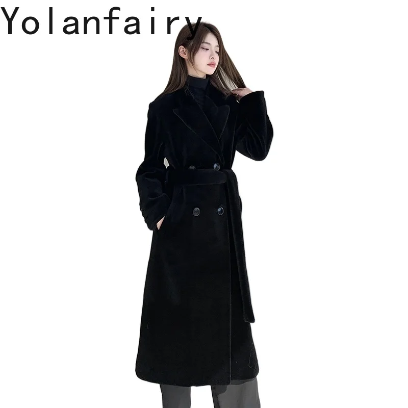 YOLANFARIY 100% Wool Real Fur Coat Women Clothes Long Length Suit Sheep Shearing Winer Warm Tops  Шуба Женская Lapel Collar 2024