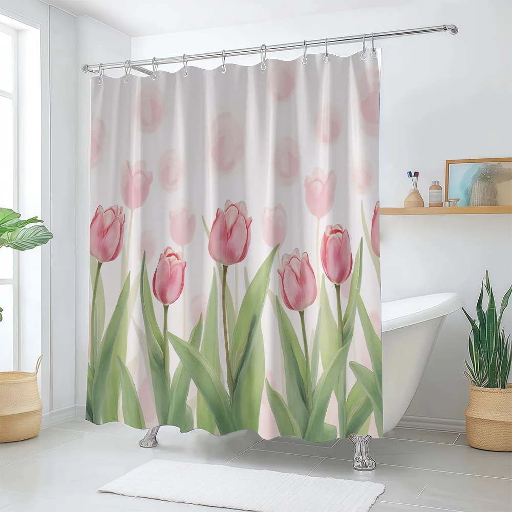 1 Pink Tulip Pattern Printed Shower Curtain, Fresh Style Home Decor Bathroom Curtain, Including 12 Hooks, Suitable for Window, W
