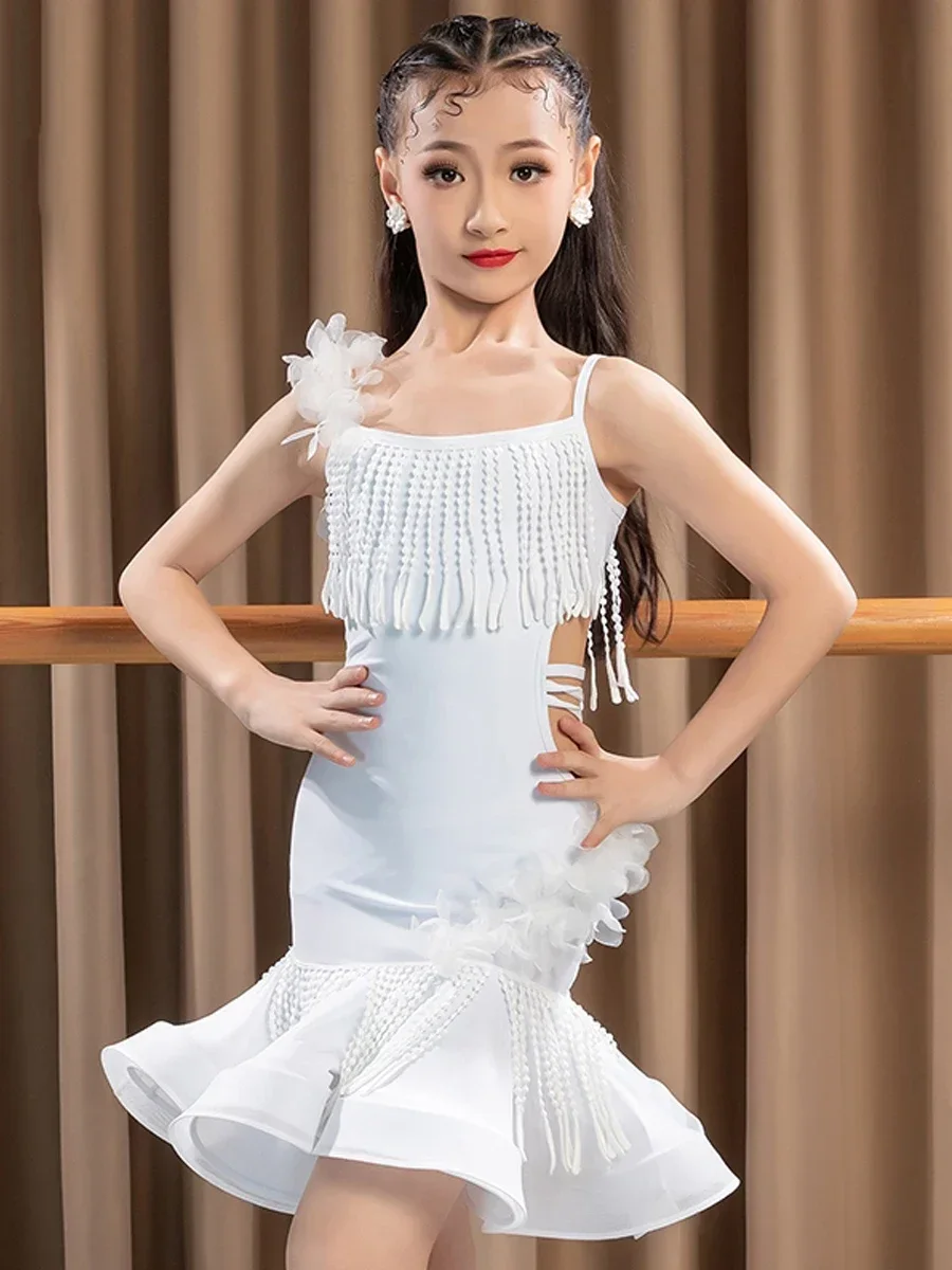 White Latin Dance Dress Girls Performance Costume Summer Fringe Dress Kids Latin Dance Clothes Group Practice Clothing DNV19940