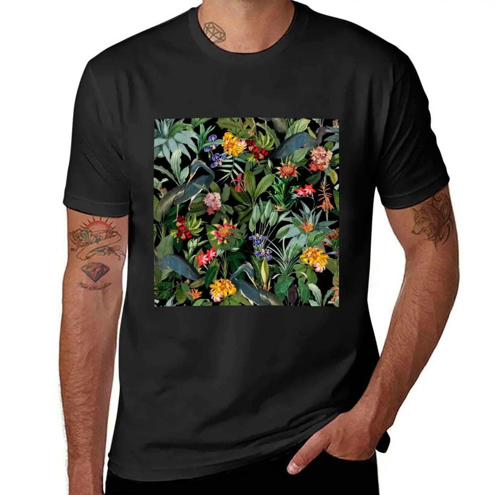 Vintage Pattern - Blue heron and tropical flowers Botanical Night Garden T-Shirt customs summer clothes graphics Men's t shirts