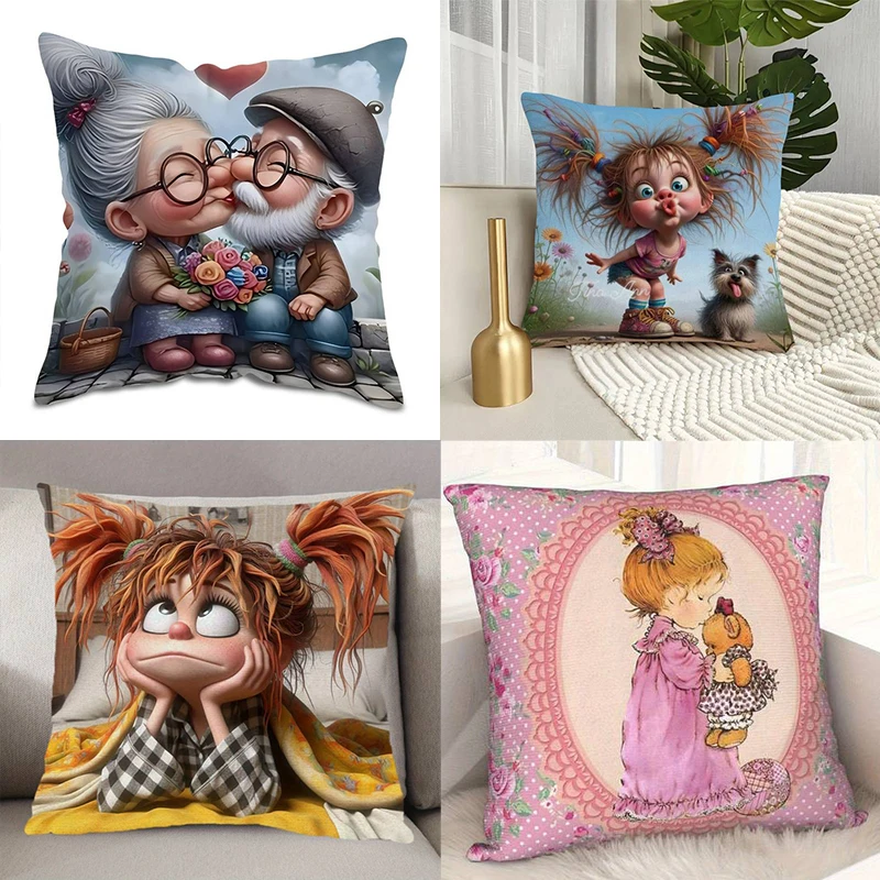 

Очаровательная наволочка с мультяшными персонажами — наволочка с изображением очаровательной пожилой пары, игривых девочек и милой куклы