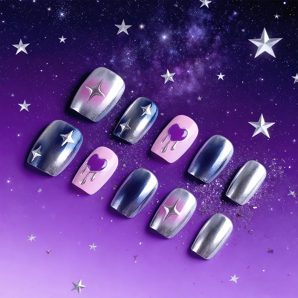 

24Pcs Short Square Head Press on Nails Purple Heart Star Fake Nails Pink Silvery Gradient Detachable Full Cover False Nails Tips