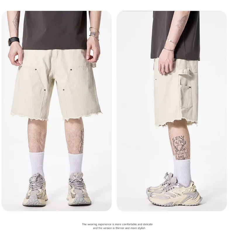 American Fashion Men's White Solid Color Multi Pocket Straight Loose Wide Leg Knee Length Cargo Jean Shorts Male Denim Clothes