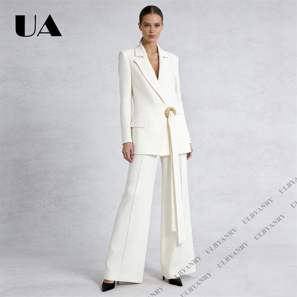 ULBYANRY 2026 Spring New Women's 2 Piece Suit Set, Slim Fit Jacket with Beaded Detail, Wide Leg Flare Pants, Wedding Party Prom