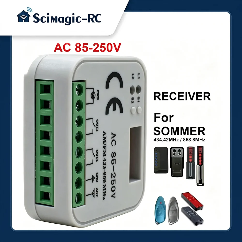 

SOMMER 434.42MHz 868.35MHz 2 Channel Garage Gate Receiver Momentary Relay Module Controller 2CH 9-250V 300-900MHz
