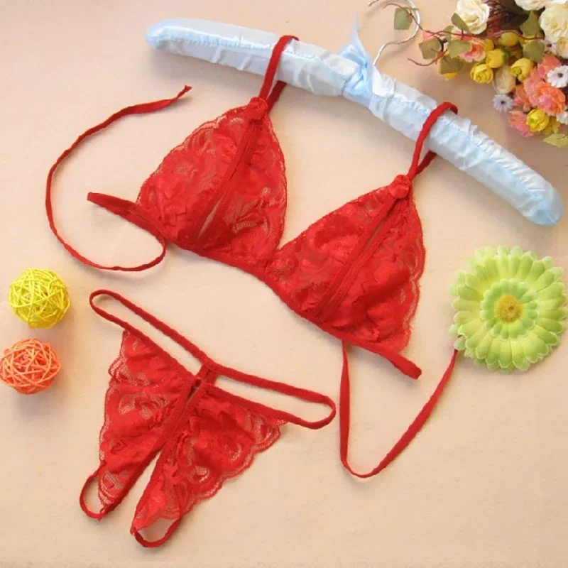 Donne Lingerie erotica Hot Trasparente Aperto Crotchless Sexy Lenceria Biancheria intima di pizzo Reggiseno sessuale + Pantaloni a T Abbigliamento esotico Bambole per bambini