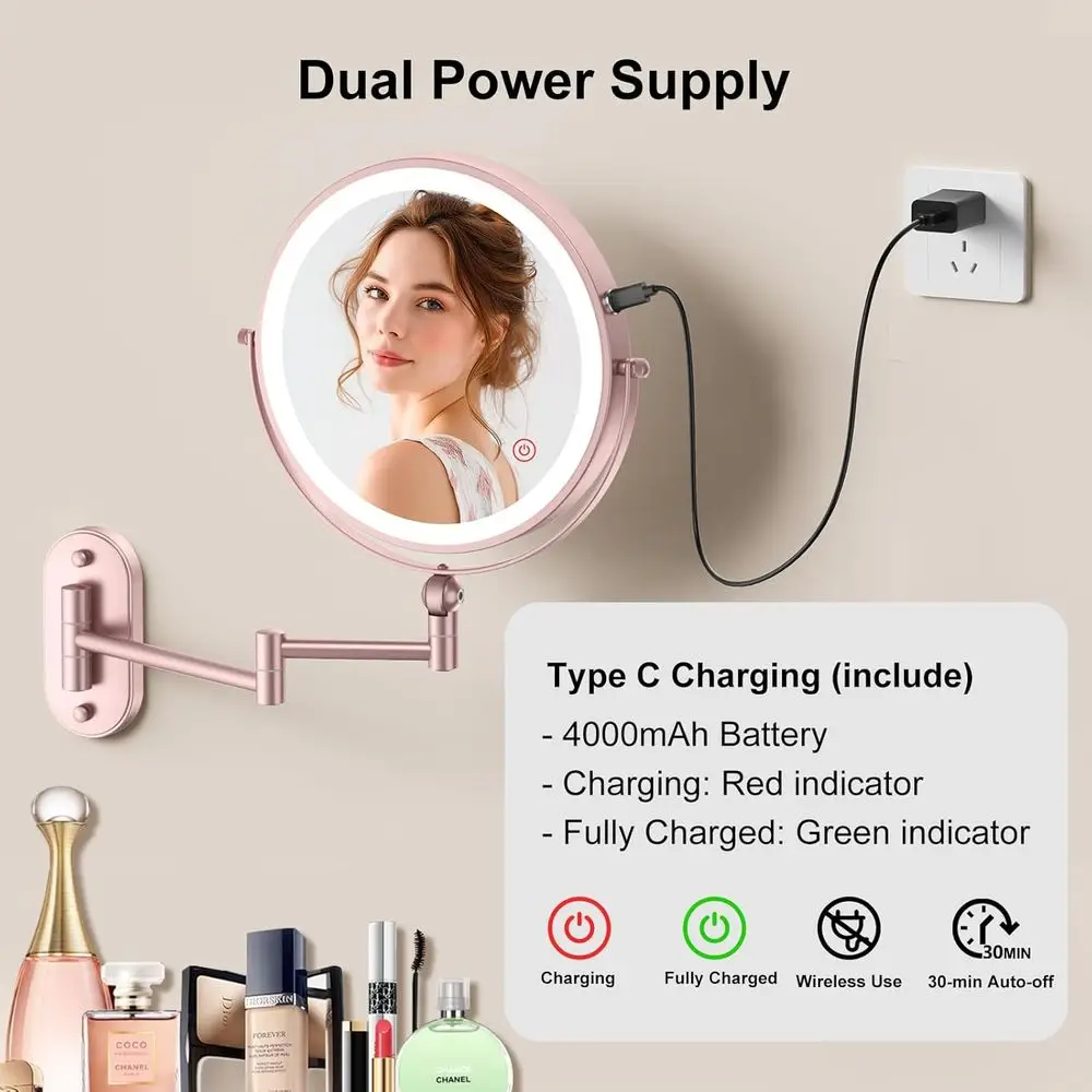 9 مرآة مكياج مثبتة على الحائط مضيئة LED مع تكبير مزدوج الجوانب قابل لإعادة الشحن، 360 درجة ° ذراع دوار، قابل للتعتيم باللمس، 3 ألوان #5