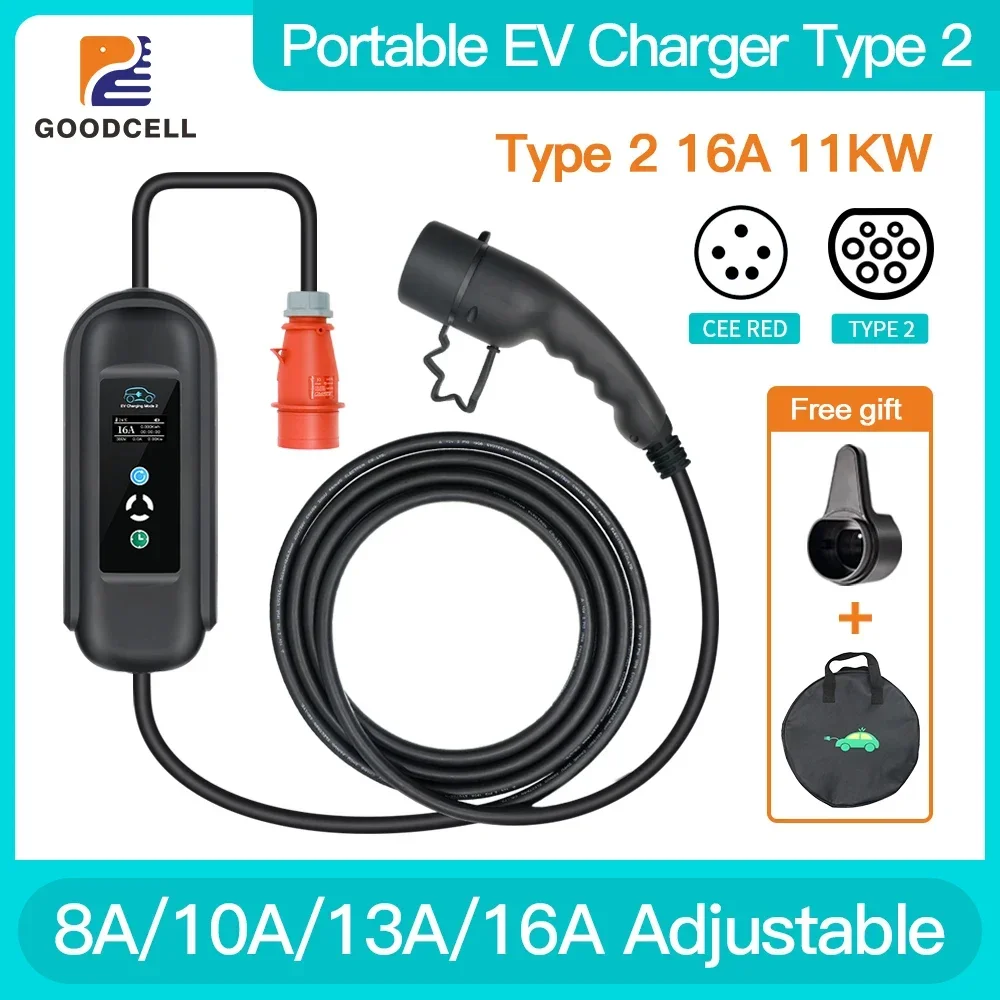 Goodcell 11KW 16A EV Portable Charger Type2 IEC62196-2 Electric Vehicle Charger EVSE Charging Box Electric Car Charger