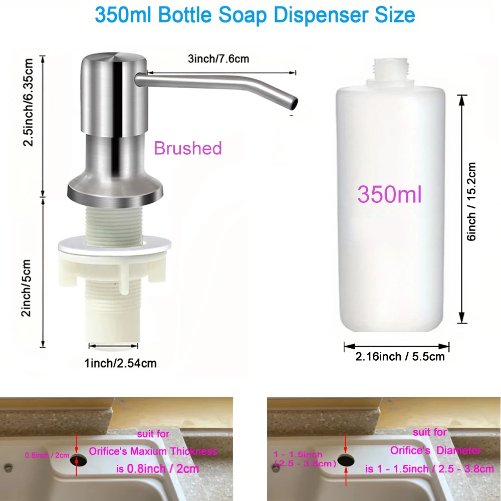 Dispensador de jabón líquido para fregadero de cocina, bomba de acero inoxidable, botella Útil Para el hogar, exprimidor de presión manual, 350ml /