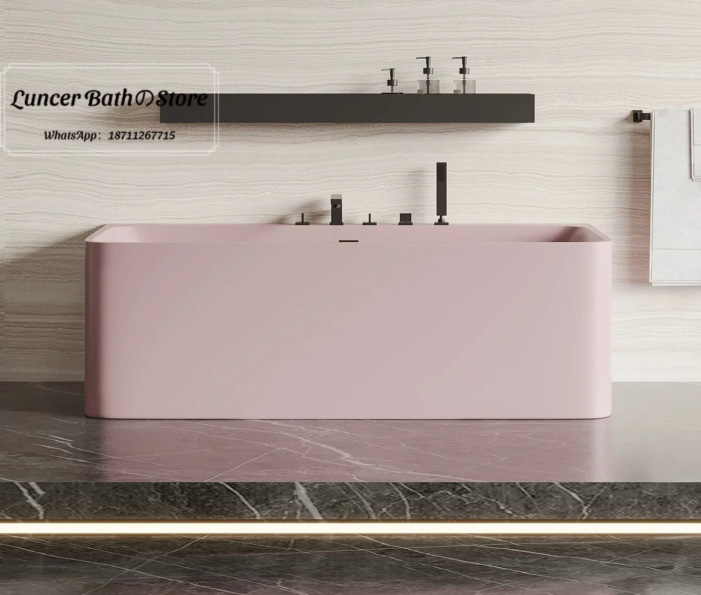 

Rectangular Freestanding Bathtub Matte Pink, Integrated Solid Surface Stone Tub, Hotel Airbnb Double Bathtub for Home
