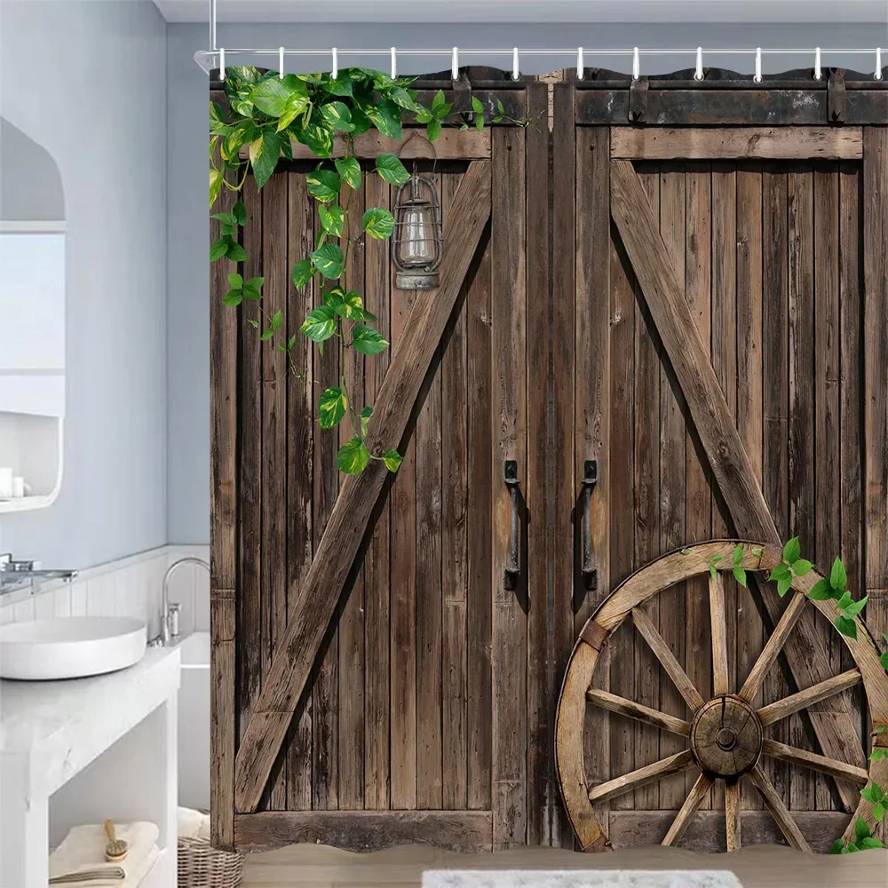 Rustic Farm Wooden Door Shower Curtains Barn Wheel Green Plant Grey Board Bath Curtain Polyester Cloth Bathroom Decor with Hooks