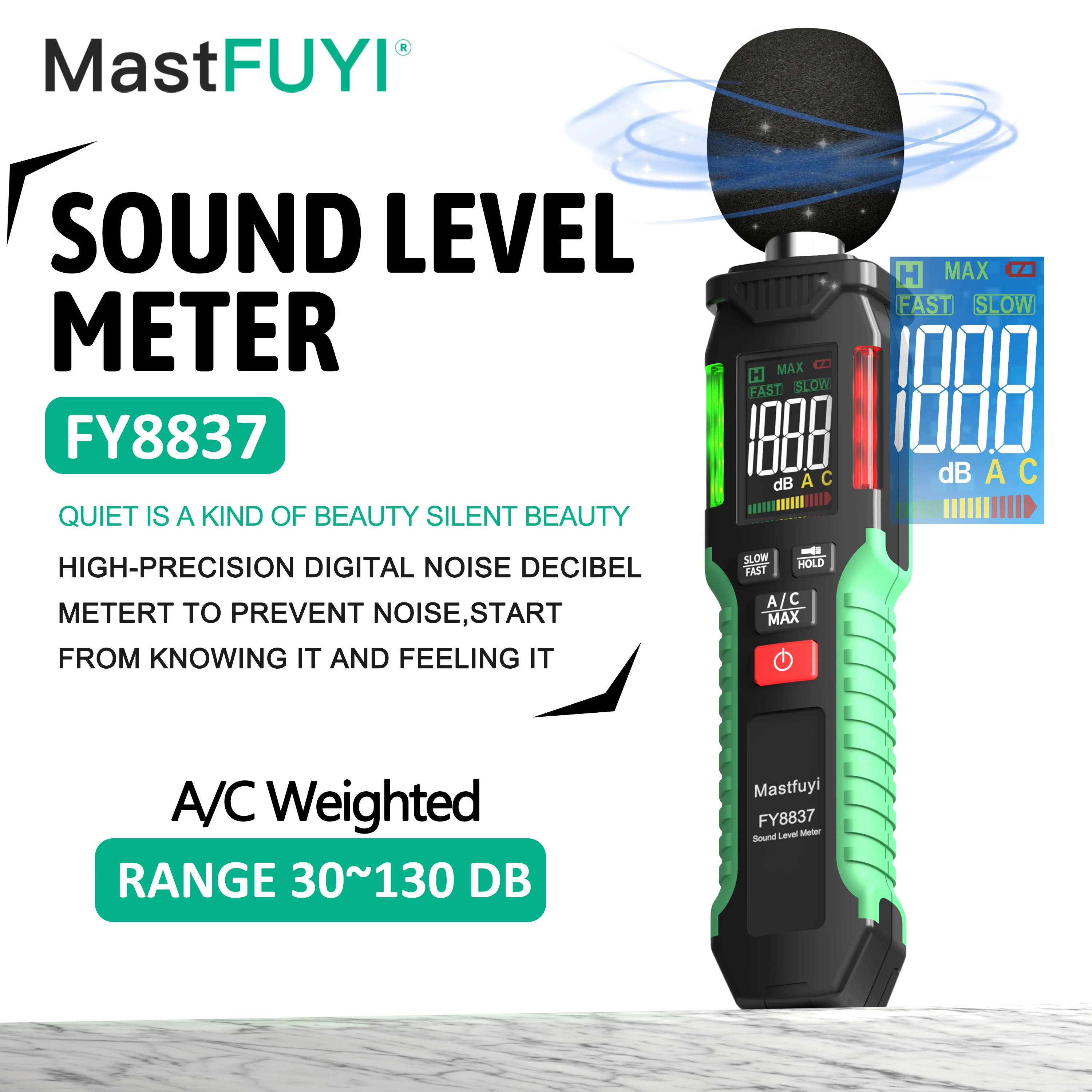 

MASTFUYI FY8837 Digital Sound Level Meter Audio Level Meter Sonometro Sound Meter 30-130dB Decibel Meter Portable Noise Meter