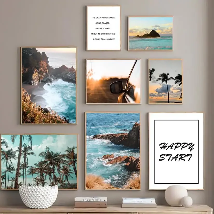 1pc frameless Canvas Painting Coastline Sunrise Ocean Beach Canvas Poster Sea Cliff Palm Tree Sky Prints Painting Landscape Pict
