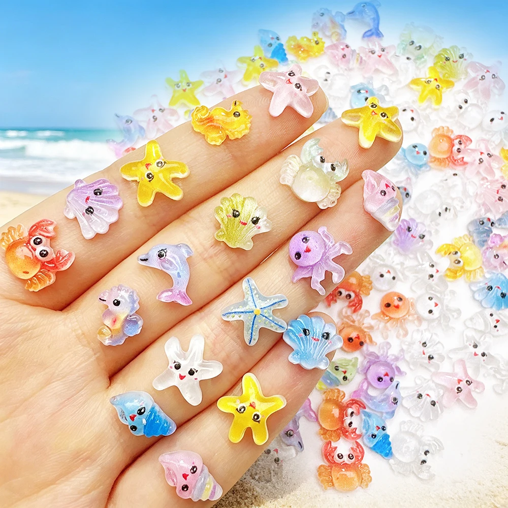 50pcs Cartoon Ocean Resin Nail Charms 3D Cute Shell Conch Crab Octopus Starfish Nail Jewelry Summer Flatback Manicure Decoration