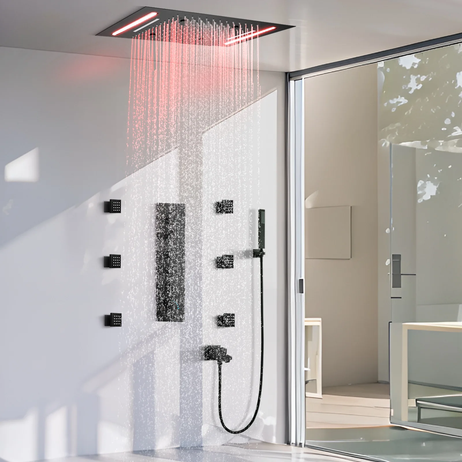 Ceiling hidden LED three-function top spray 360 * 500mm bathroom pre-embedded concealed installation