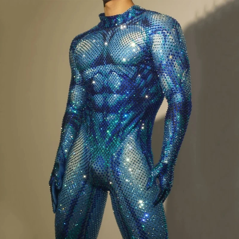 2024 Nightclub Bar Dj Performance Costumes For Men Rhinestone Stretch Jumpsuit Pole Dance Clothing Drag Queen Stage Wear